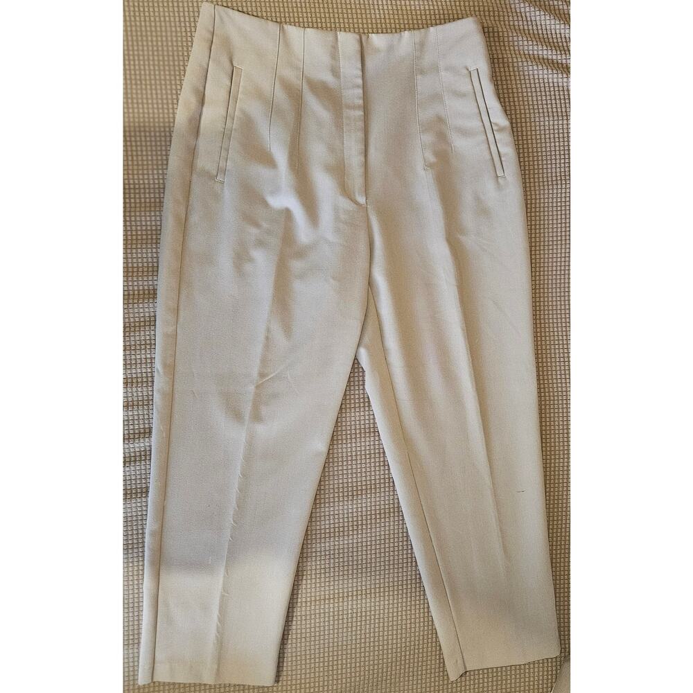 Zara Women's Beige Mid-Waist Pleated XL Slim Trouser Straight Leg Ankle Pants